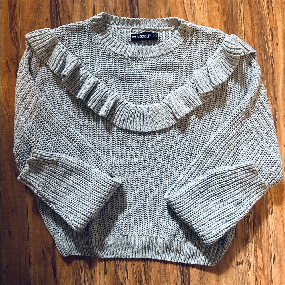BlankNYC Rum and Ruffle Grey Sweater